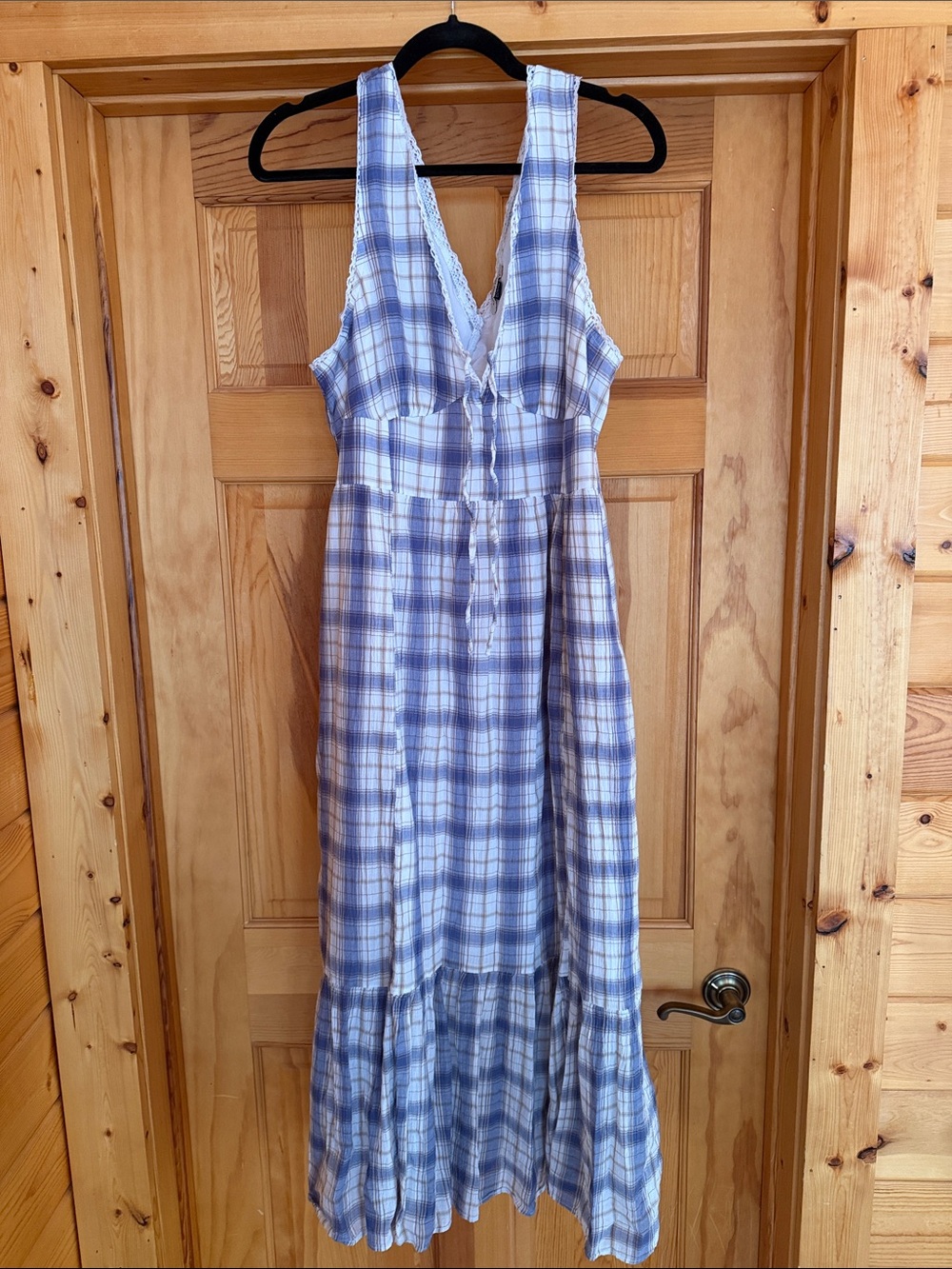Blue Plaid V-Neck Maxi Dress